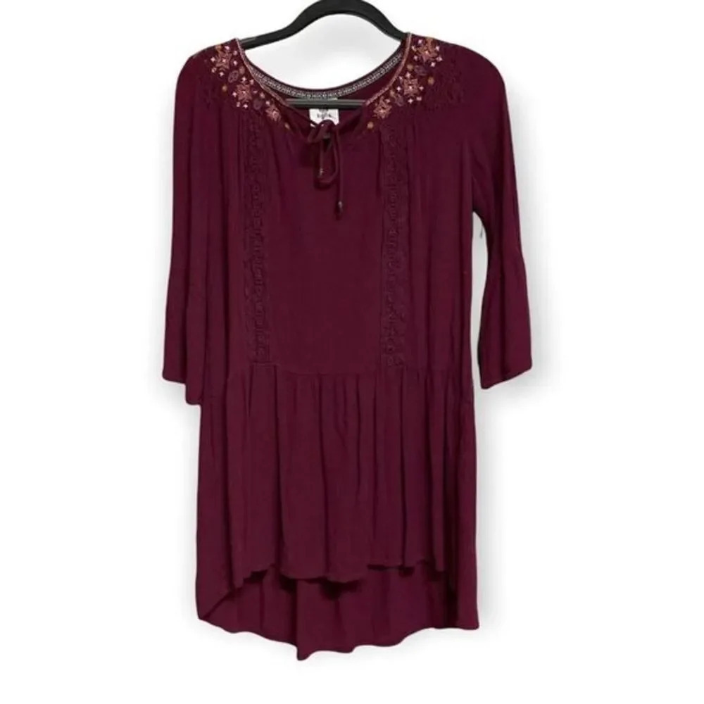 KNOX ROSE Tunic Dress Red Burgundy Embroidered Crochet Lace Extra Small XS